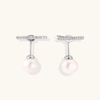 Rhodium-plated sterling silver ear jacket earrings with diamond-set horizontal bar and freshwater pearl drop