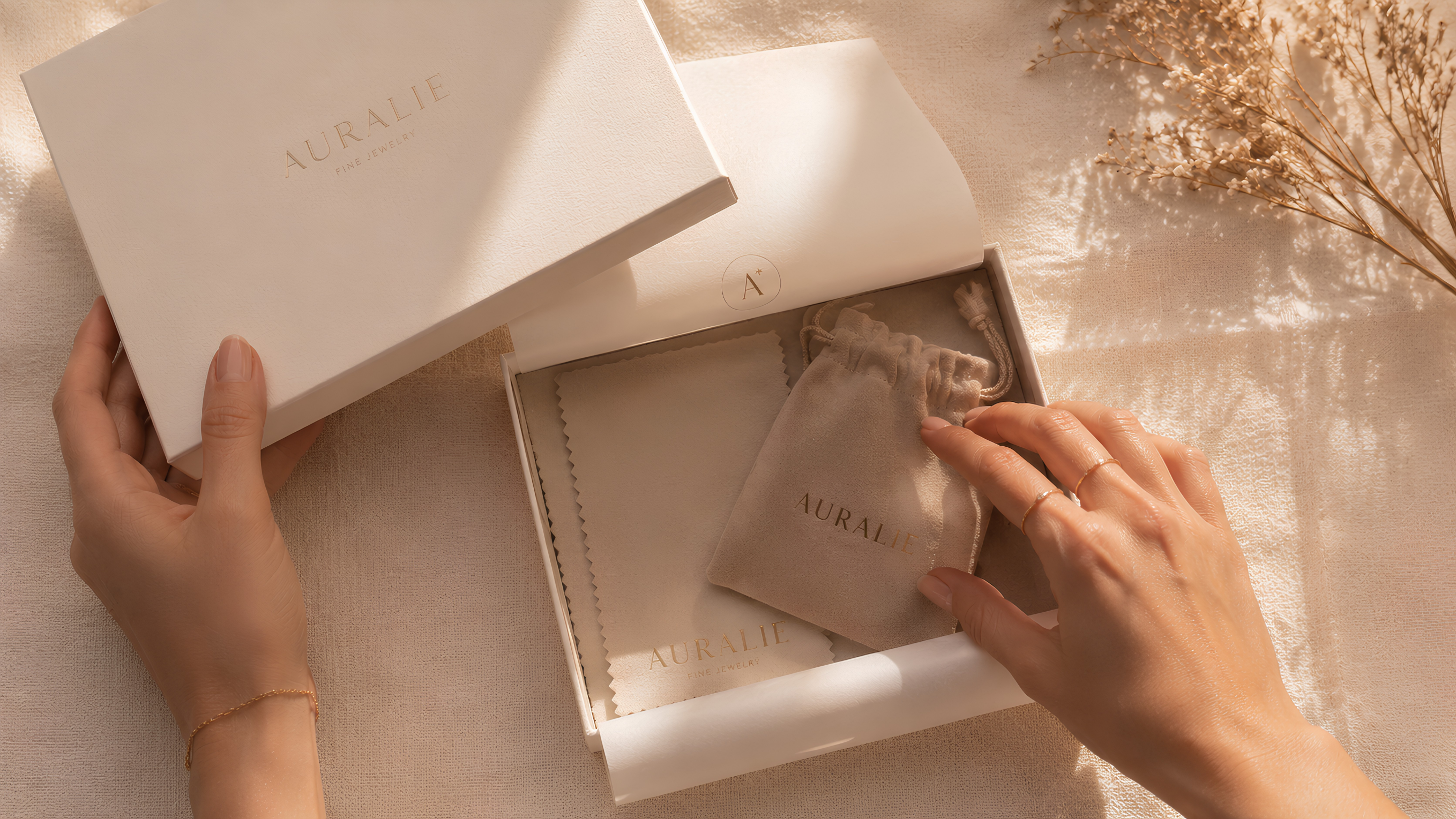 Person opening a 'Nural' branded box with a matching pouch on a soft surface.
